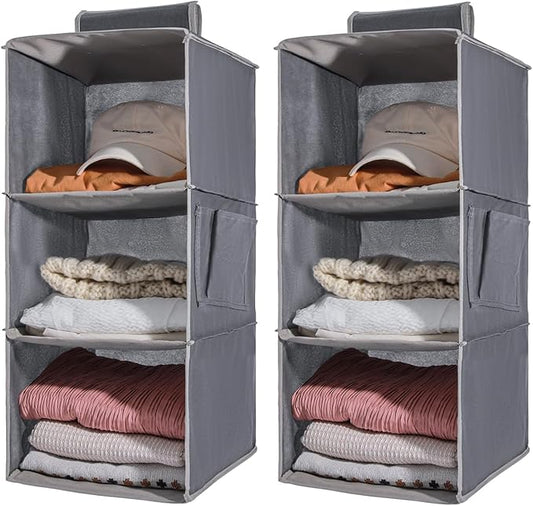 2 Packs Hanging Closet Organizer Stroage, 3-Shelf Hanging Shelves with Bamboo Inserts & Side Pocket, Grey-NeatNest