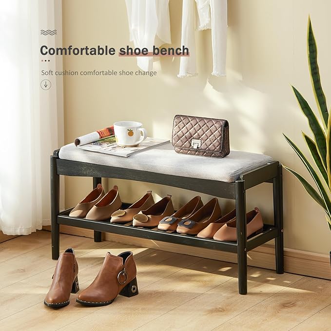 Shoe Bench Entryway Bamboo 2-Tier Shoe Rack with Cushion Padded Seat Shoe Bench Organizer Stable for Hallway, Living Room, Bedroom(31.5 * 11.4 * 16.5IN, Black-Gray)