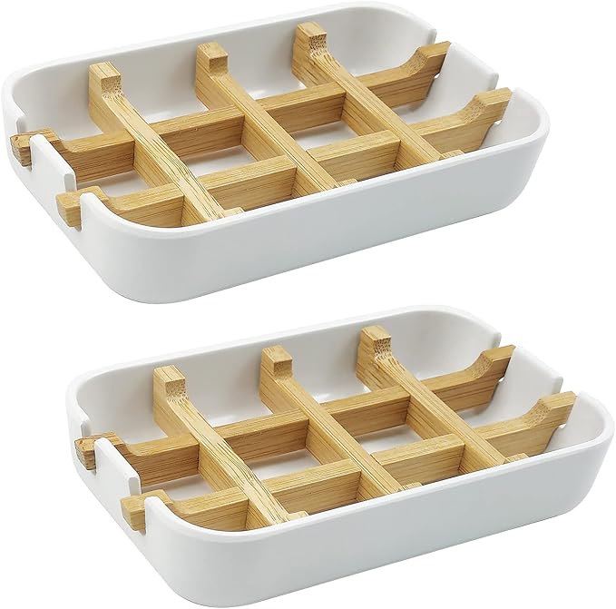 2 Pack Bamboo Soap Dish, Self-Draining Soap Box, Wooden Bamboo Bar Soap Holder for Shower, Bathroom, Kitchen, Bathtub, Bar Sink (White)-NeatNest