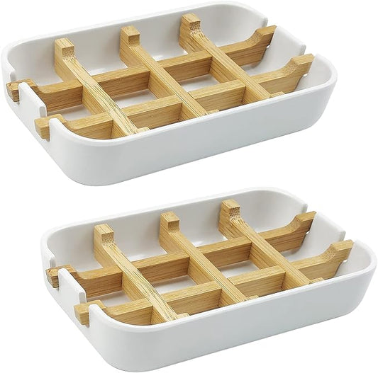 2 Pack Bamboo Soap Dish, Self-Draining Soap Box, Wooden Bamboo Bar Soap Holder for Shower, Bathroom, Kitchen, Bathtub, Bar Sink (White)-NeatNest
