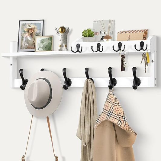 Coat Rack Wall Mount with Shelf, 27.5" Entryway Wall Hanging Shelf, Coat and Key Hanger with 10 Dual Hooks, Mail Organizer and Key Holder Hat Rack for Wall, Wood Coat Hooks with Storage-NeatNest