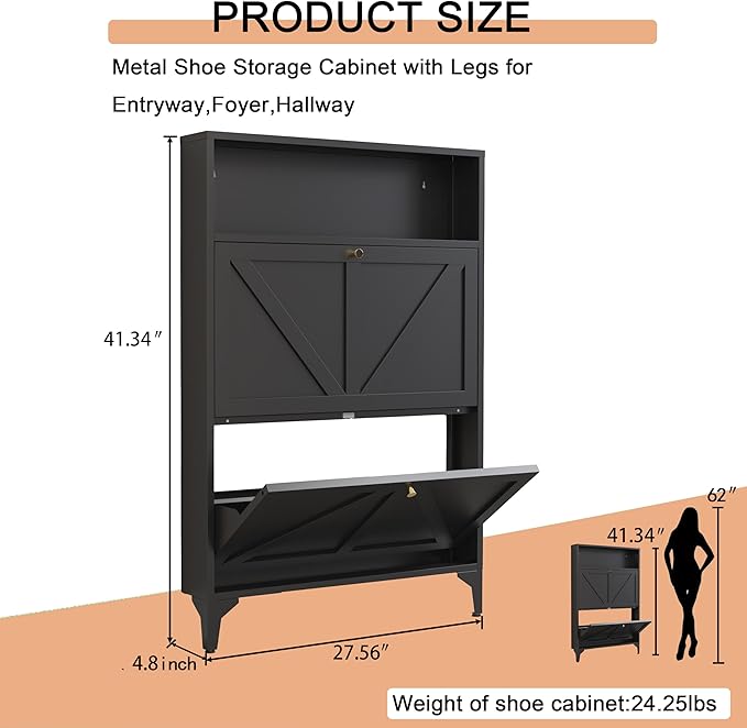 Shoe Cabinet with 2 Flip Drawers, Farmhouse Shoe Organizer, Narrow Shoe Rack Cabinet, Freestanding Shoe Storage Cabinet with Open Storage for Entryway, Foyer, Hallway, Black (2 Door, Black)
