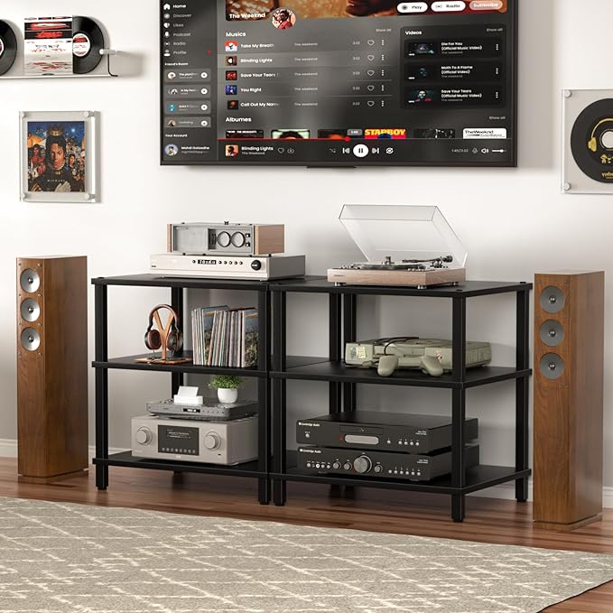 3-Tier AV Media Player Stand, Stereo Cabinet, Modern Stereo Cabine,Game Console Shelf,Wooden TV Stand,Multifunctional Entertainment Center, Suitable for Home, Conference Room, Game Studio,Black-NeatNest