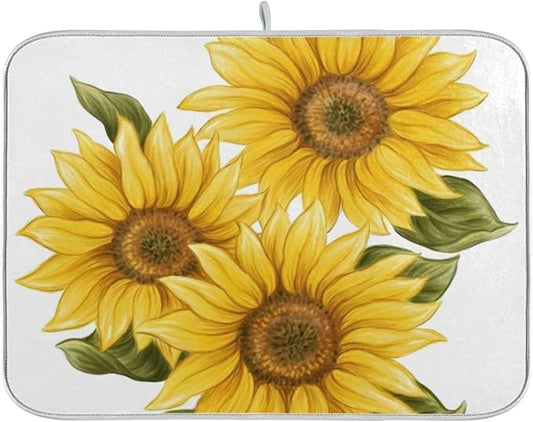 Absorbent Dish Drying Mat for Kitchen Counter - Yellow Sunflower Microfiber Drying Pad, Reversible Drainer Mats for Countertop, Small 16" x 18"