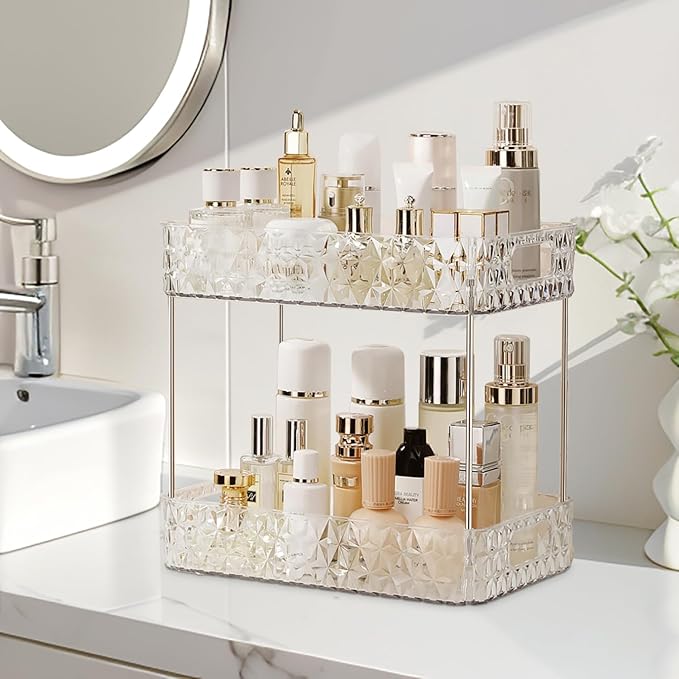 Makeup Organizer for Vanity,Bathroom Countertop Skincare Organizer,Makeup Counter Shelf Perfume Holder Rack,Cosmetic Display Case (Clear, 2 Tier)-NeatNest