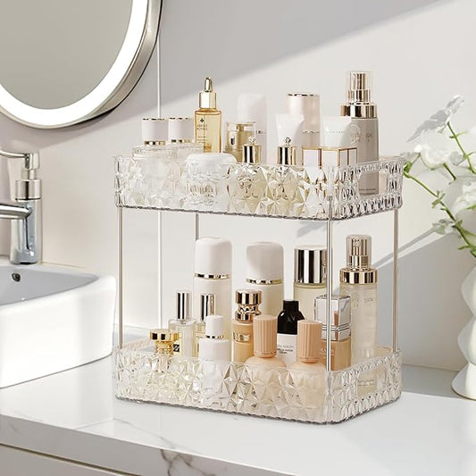 Makeup Organizer for Vanity,Bathroom Countertop Skincare Organizer,Makeup Counter Shelf Perfume Holder Rack,Cosmetic Display Case (Clear, 2 Tier)-NeatNest