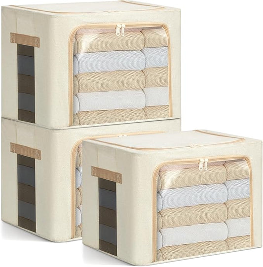 3-Pack Clothes Storage Bags, Foldable Storage Bins with Metal Frame, Clear Window, Reinforced Handles, Durable Non-Woven Fabric for Clothes, Bedding, Blankets, 40L, Beige-NeatNest