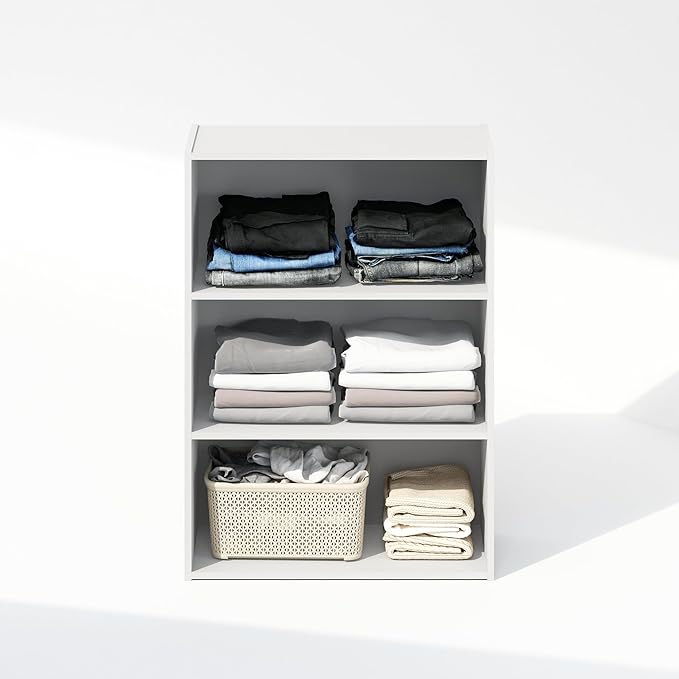 Furinno Reed 3-Tier Multipurpose Open Shelf Clothing & Closet Storage Organization, Plain White-NeatNest