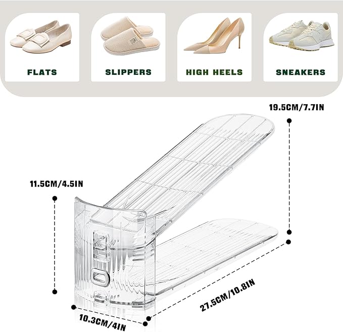 10 PACK Transparent Shoe Stacker,Shoe Slots Organizer for Closet, Shoe Display Space Saver,Adjustable Shoe Rack Organizer Holder for High Heels,Sneakers(Transparent)-NeatNest