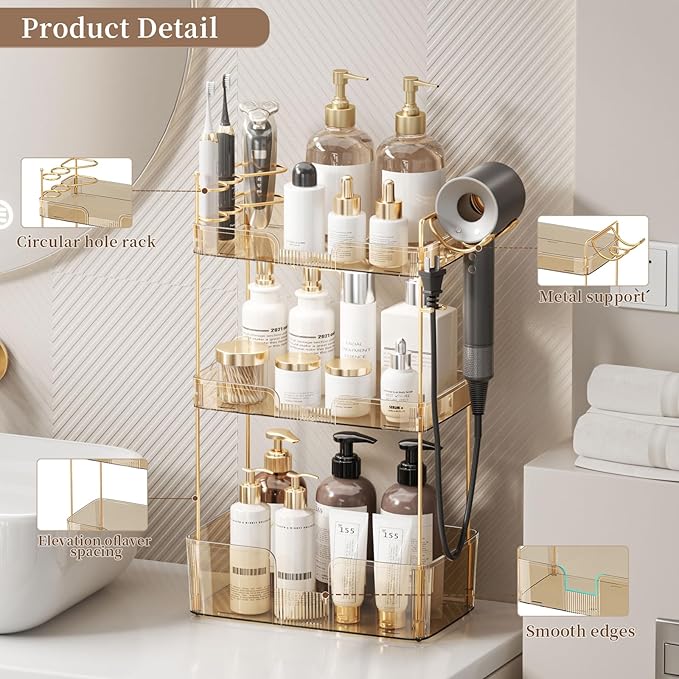 YCIA&DONE Luxury Bathroom Counter Organizer, Large Makeup Organizer Countertop, Shelf Organizer, Vanity Tray, Easily Assemble for Bathroom Organizers and Storage, Undersink, Cabinet,3 Tiers Amber-NeatNest