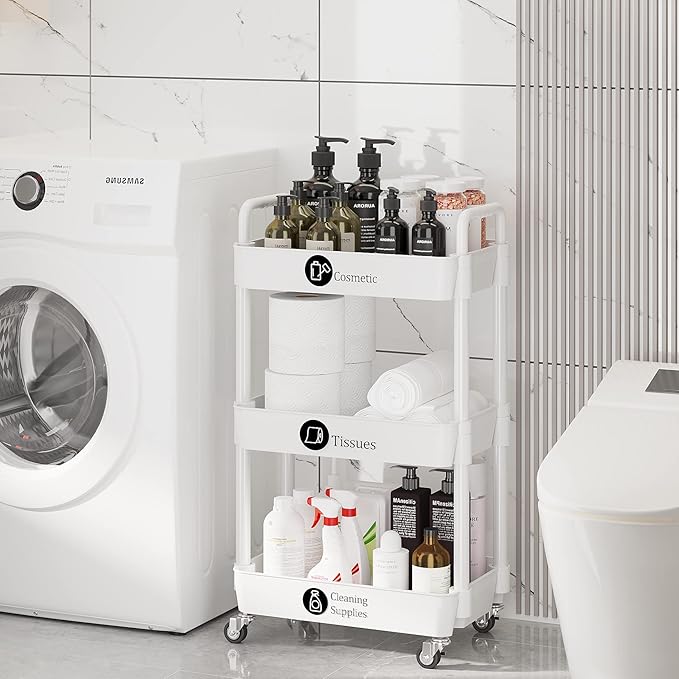 Laiensia 3-Tier Rolling Cart with Wheels,Multifunction Utility Storage carts, Kitchen Storage Organizer,Mobile Shelving Unit for Bathroom,Laundry,with Classified Stickers,White-NeatNest