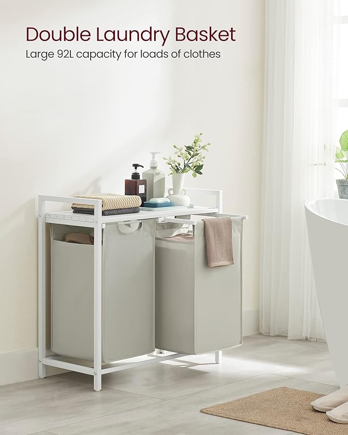 VASAGLE Laundry Hamper, Laundry Basket, Laundry Sorter with 2 Pull-Out and Removable Bags, Shelf, Metal Frame, 2 x 12.1 Gallons (46 L), 28.8 x 13 x 28.4 Inches, Cream White and Cloud White UBLH201W01-NeatNest