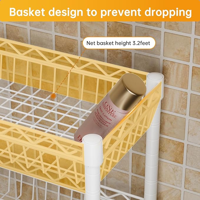 3-Tier Over-The-Toilet Storage Shelf,Heavy-Duty Adjustable Bathroom Rack with 2 Mesh Baskets,Toilet Paper Holder & Hooks,Space-Saving Organizer for Bathroom,10”D x 24”W x 66”H,White