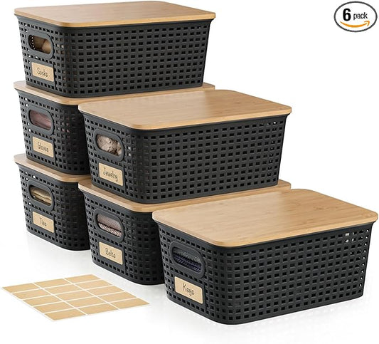 6-Pack Small 5 Qt Stackable Storage Bins with Bamboo Lids - Decorative Cute Plastic Baskets Boxes Containers with Labels for Organizing Shelves, Classroom, Closet, Desktop, Office - Black-NeatNest