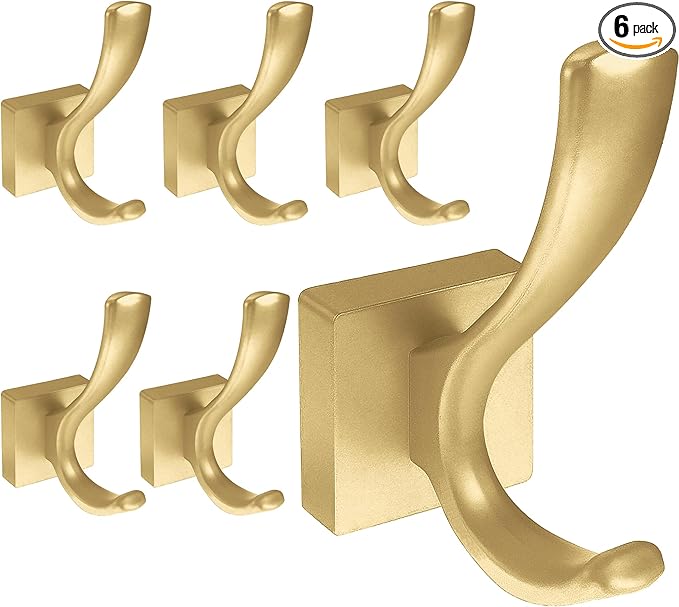 6 Pack Towel Holder for Bathroom Wall Hooks, Bath Towel Rack Shower Towel Holder, Robe Hook Heavy Duty Coat Hooks Entryway Wall Mounted for Hanging Key Robe Hat Backpack (Golden)