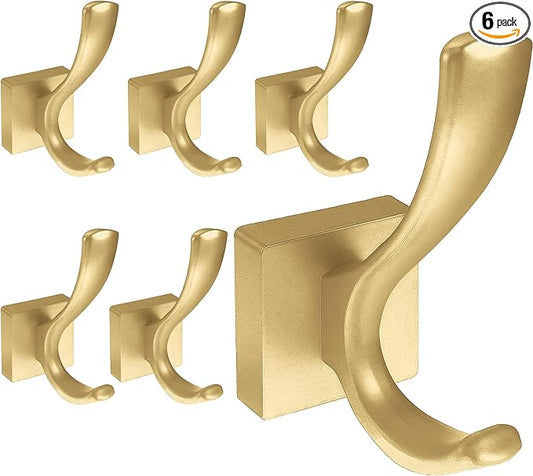 6 Pack Towel Holder for Bathroom Wall Hooks, Bath Towel Rack Shower Towel Holder, Robe Hook Heavy Duty Coat Hooks Entryway Wall Mounted for Hanging Key Robe Hat Backpack (Golden)