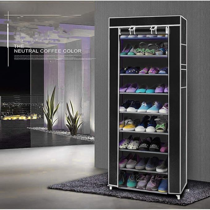 10 Tiers Shoe Rack with Dustproof Cover 27 Pair Shoe Tower Stand Sturdy Shelf Storage Organizer Cabinet Perfect for Bedroom, Closet, Entryway, Dorm Room (Black)-NeatNest