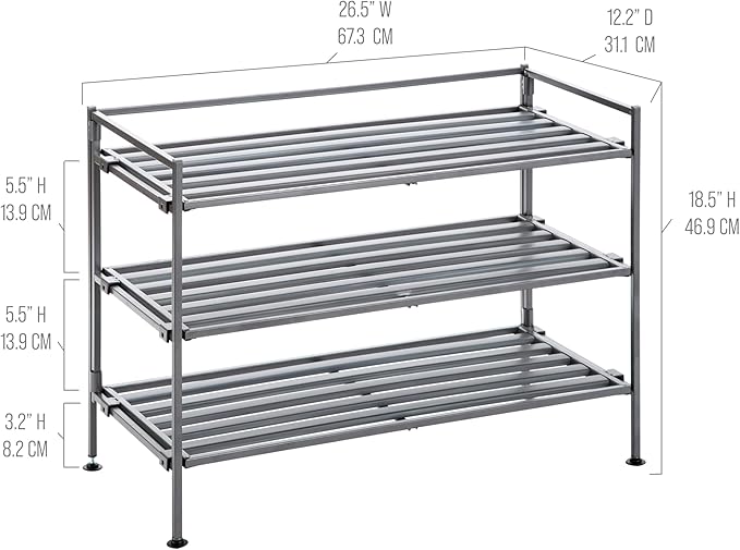 Seville Classics Sturdy Freestanding Storage Shelf for Bedroom, Closet, Entryway, Dorm Room Organizer Stackable Durable Metal Shoe Rack Ash Gray Slat, 3-Tier-NeatNest