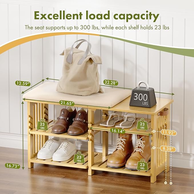 Amazer Bamboo Shoe Rack Bench, 3-Tier Shoe Bench Height Adjustable, Entry Bench with Side Storage Strap, Shoes Organizer Storage Bench, Shoe Shelf with Seat Cushion for Entryway, Living Room, Hallway-NeatNest