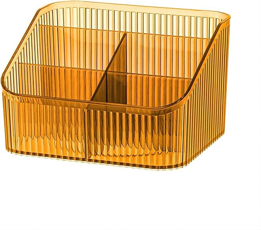 DASITON Large Capacity Makeup Brush Holder,5 Slot Makeup Brush Cup,Vintage striped Make Up Brush Holder,for Vanity Decor,Bathroom Countertops,Desk Storage Container,Cosmetic Display cases(Amber-L)-NeatNest