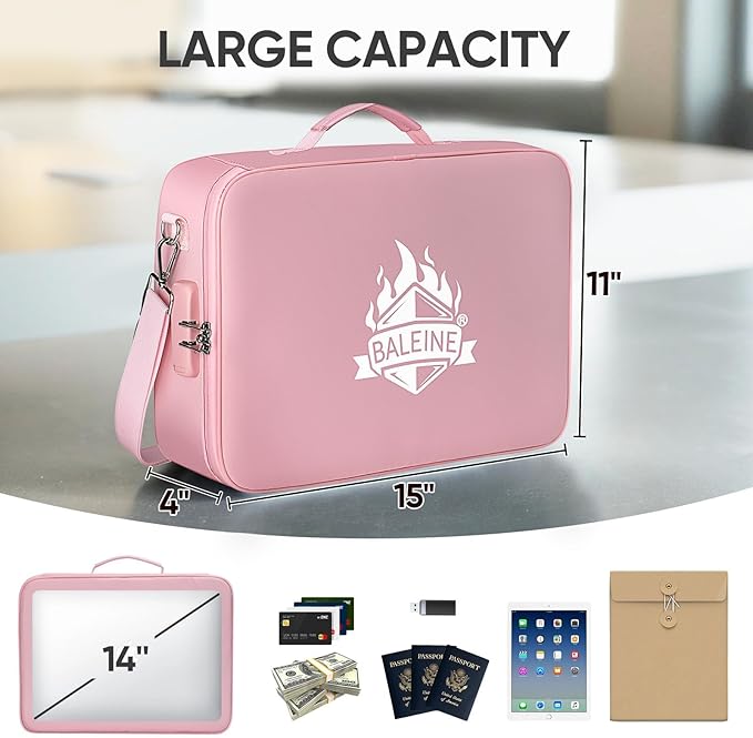 BALEINE Fireproof Document Box with Lock, Portable Fireproof Document Bag Waterproof Fire Proof File Boxes for Documents, File Organizer Box for Important Paperwork (Pink, 15''x11''x4'')