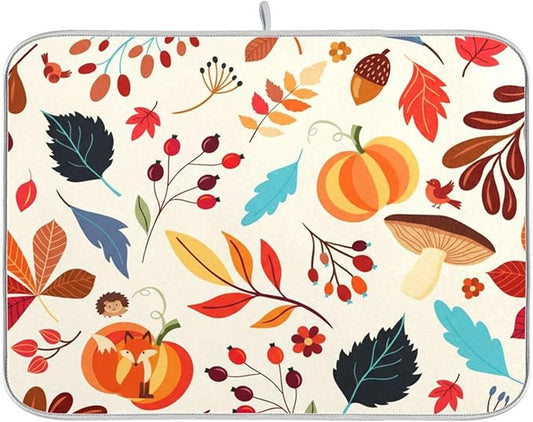 Absorbent Dish Drying Mat Autumn Pumpkins Fall Leaves Kitchen Counter Mat Protector,Reversible,Extra Large 24 x 18 Inches