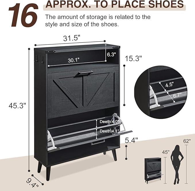 Shoe Storage Cabinet, Farmhouse Shoe Organizer with 2 Flip Drawers & Barn Door,Freestanding Hidden Slim Narrow Shoe Rack Cabinet with Open Storage for Entryway, Foyer, Black-NeatNest