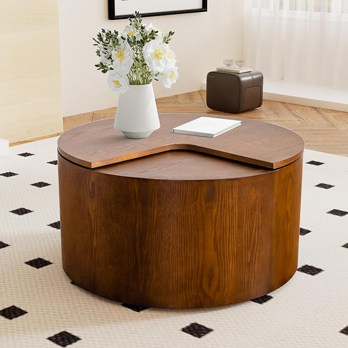 27.16" Round Coffee Table with Storage Modern Handcraft Drum Coffee Table Circle Wood Accent Center Table Small Side Table for Living Room Apartment, Small Space (Round Walnut)