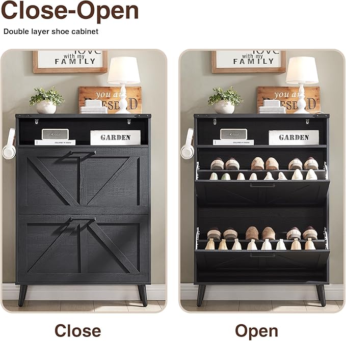 Shoe Storage Cabinet, Farmhouse Shoe Organizer with 2 Flip Drawers & Barn Door,Freestanding Hidden Slim Narrow Shoe Rack Cabinet with Open Storage for Entryway, Foyer, Black-NeatNest