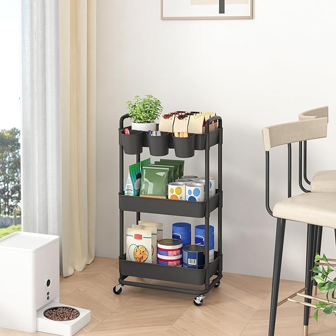 JIUYOTREE 3-Tier Plastic Rolling Storage Cart Utility Cart with Extra Hanging Cups Handles Lockable Wheels for Living Room Bathroom Kitchen Office Black-NeatNest