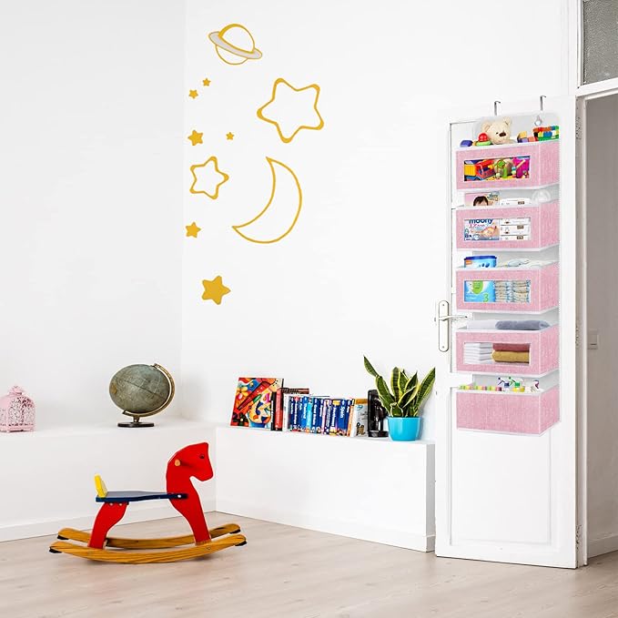 homyfort Over the Door Organizer, Hanging Baby Diaper Organizer for Nursery, Pink Wall Storage Organizer with 5 Large Pockets for Girls Room,Pantry,Dorm,Bathroom,Closet-NeatNest