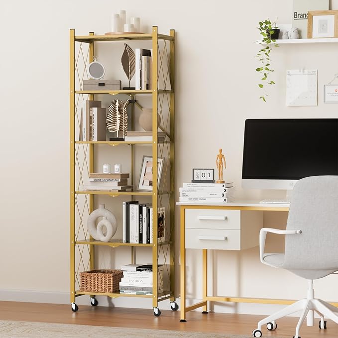ALANNG 73.6 Inch Folding Bookshelf, 6 Tier Metal Bookcase and Bookshelves, Tall Shelves for Living Room Office Bedroom, Heavy Duty Book Shelve Free Standing Open (Gold, 1PACK)