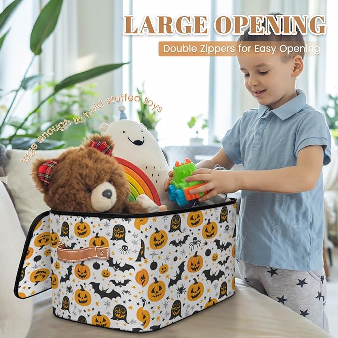 Halloween Pumpkin Storage Bins with Lids, Boho Ghosts Bat Fabric Storage Boxes with Zipper, Collapsible Decorative Closet Organizer Cube for Clothes,Organizing, Shelves-NeatNest