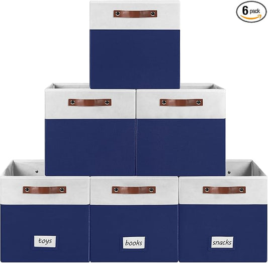 6-Pack Collapsible Fabric Storage Cubes with Handles & Label Holders, Closet Cube Home Organizer Bins (White/Navy Blue, 13 x 13 x 13 inch)