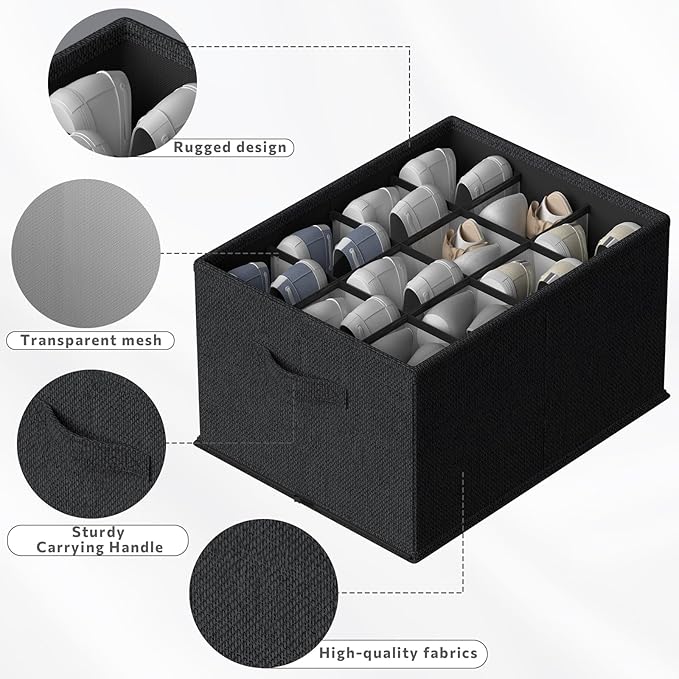 2 Pack Shoe Organizer for Closet,Foldable Shoe Organizer,Fits up to 24 Pairs,Storage Containers With Bottom Support for Shoes (Black, 16.5 * 12.6 * 9.5in)-NeatNest