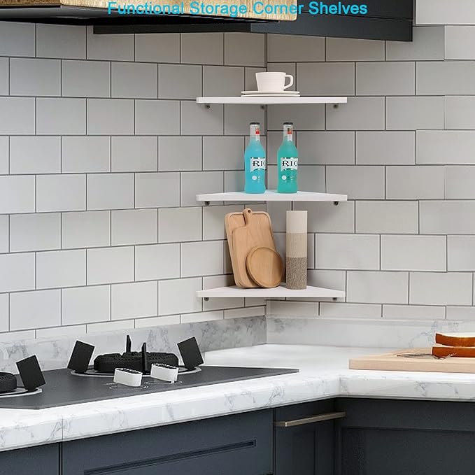 Joiishom Corner Wall Shelf Set of 3, Floating Corner Shelves, Rustic Wood Wall Storage Display Shelves for Living Room Bedroom Bathroom Kitchen (White)-NeatNest