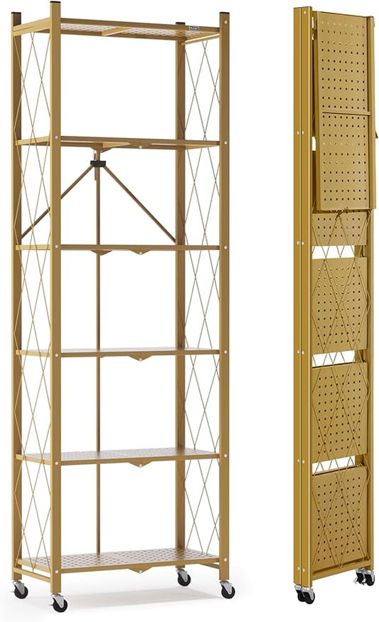 ALANNG 73.6 Inch Folding Bookshelf, 6 Tier Metal Bookcase and Bookshelves, Tall Shelves for Living Room Office Bedroom, Heavy Duty Book Shelve Free Standing Open (Gold, 3PACK)