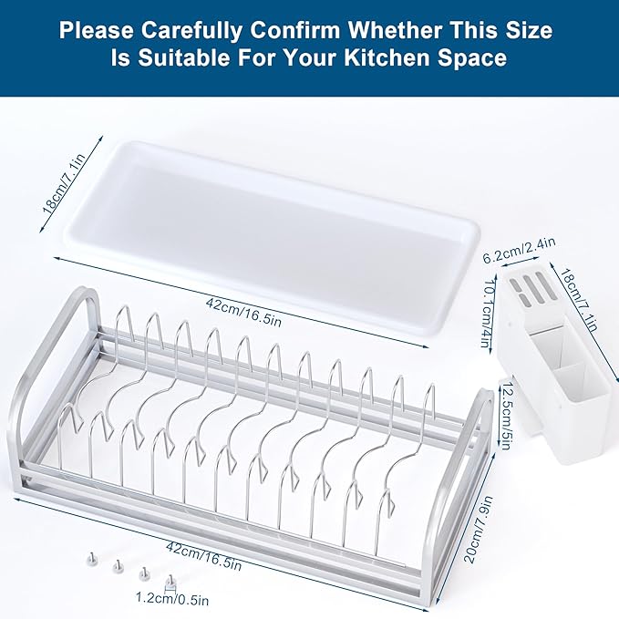 Dish Drying Rack Small for Kitchen Counter, 304 Stainless Steel Small Dish Rack w Cutlery Holder, Dish Drainer for Pots & Pans, Cutting Boards, Plates, Serving Trays & Lids (Silvery)