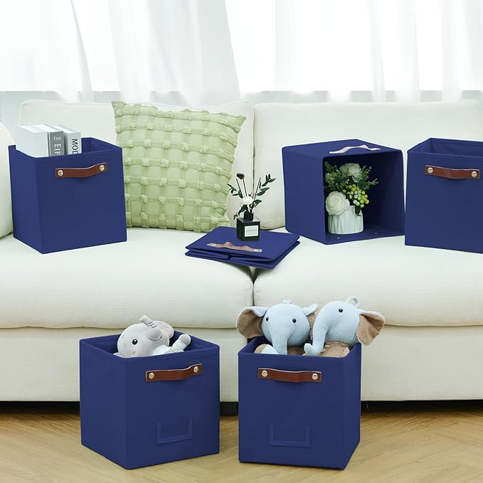 6-Pack Collapsible Fabric Storage Cubes with Handles & Label Holders, Closet Cube Home Organizer Bins (Navy Blue, 10.5*10.5*11 inch)