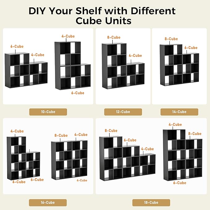 COMHOMA 8 Wood Cube Storage Organizer with Open Back and Removable Back Panels, 11In Black Cube Storage Bookshelf, Cubicle Shelf Bookcase for Home Office Bedroom Living Room, Vertical or Horizontal