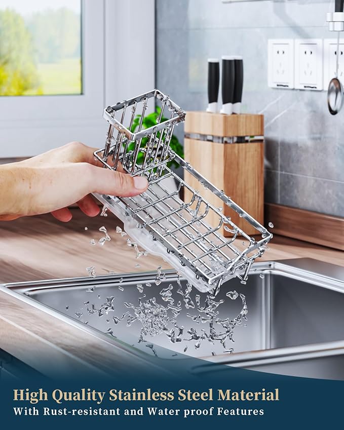 Consumest Sink Caddy, Kitchen Sponge Holder with Dish Brush Holder, Kitchen Organizer with Drip Tray for Countertop, Stainless Steel Rustproof - Silver-NeatNest