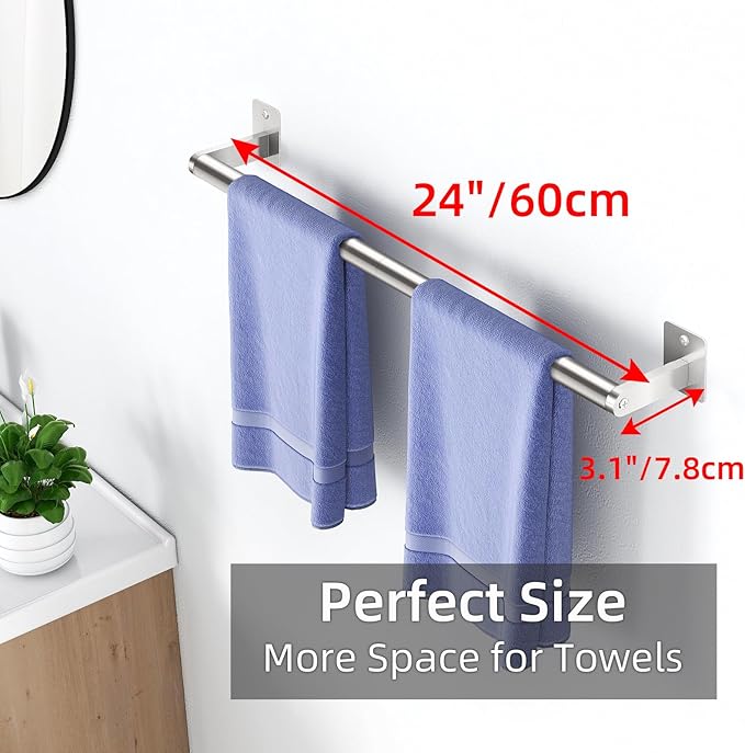 Bathroom Towel Bar, 24 Inch Towel Racks for Bathroom Wall Mounted, Heavy Duty Bath Hand Towel Holder Organizer, Modern Home Decor Towel Rod Bathroom Hardware Accessories, Brushed Silver
