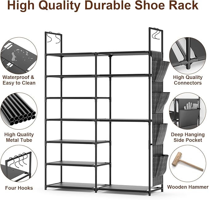 Kottwca 7 Tiers Shoe Rack Metal Shoe Organizer for Entryway Closet, 24-28 Pairs Stackable Shoe and Boots Shelf Storage Cabinet with Hooks and Side Hanging Pockets for Bedroom, Garage, Black-NeatNest