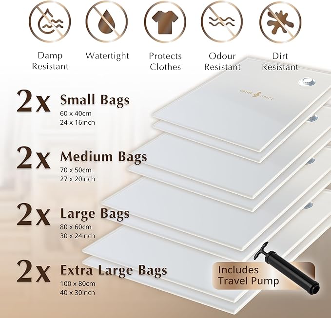 GENIE SPACE Vacuum Storage Bags - Variety Pack of 8 | 2 Extra Large + 2 Large + 2 Medium + 2 Small | Premium Strong, Airtight & Reusable Space Saving Bags for Clothes & Bedding | includes Travel Pump-NeatNest