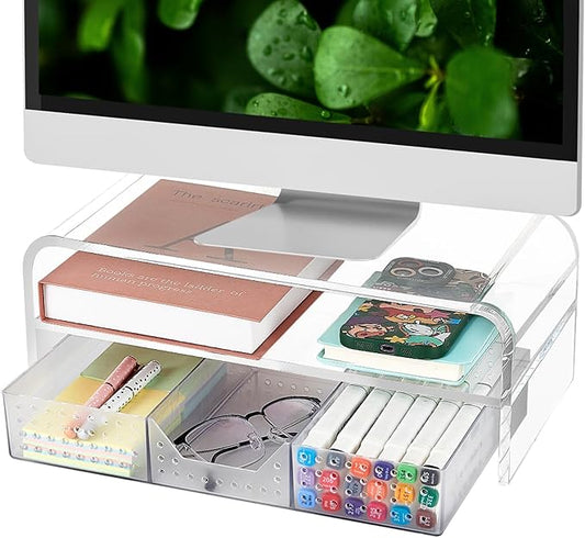 Acrylic Clear Desk Organizer and Accessories, 2-Tier Computer Monitor Stand Riser with Drawer, Laptop Stand, Office Desk Accessories for Office Supplies, Transparent