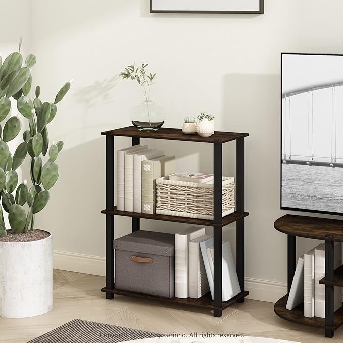 Furinno Turn-S-Tube 3-Tier Compact Multipurpose Shelf Display Rack with Square Tube, Amber Pine/Black-NeatNest
