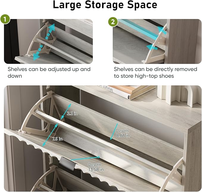 Vibe & Dine Shoe Cabinet with 2 Flip Drawers, Fluted Shoe Storage Cabinet for Entryway Slim, Free Standing Shoe Rack Organizer with Wave Doors for Hallway, Bedroom, Grey-NeatNest