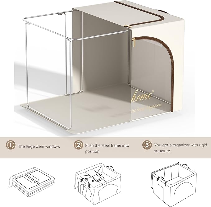 Furnhome 3 pack Clothes Storage Bins with metal Frame, sweater storage for closet, Stackable Storage bins for clothes, Foldable Clothing Storage bins with Cedar Blocks& Windows&Zippers|70L-Off White