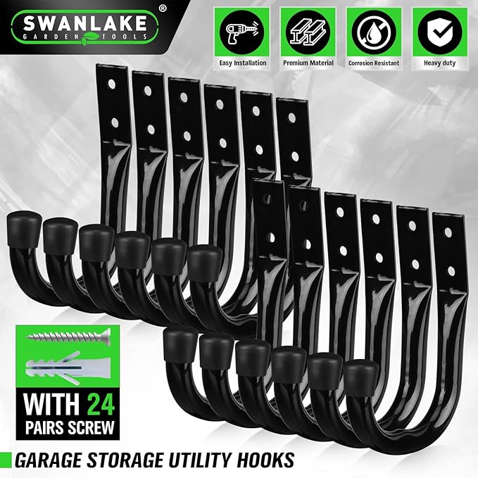 Heavy Duty Garage Storage Hooks, 12-piece Bike Hooks for Garage Wall, Utility Garage Hooks, Wall Mount J Hook for Hanging, Large Metal Storage Organizer Tool, Extension Cord Hanger-NeatNest