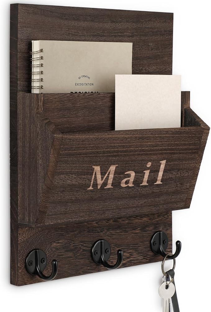 Mail and Key Holder - Decorative 9.8" x 12.5" Wall Key Hanger with 2 Mail Organizer Slots and 3 Hooks - Real Paulownia Wood with Keyhole Brackets, Hardware and Instructions (Brown)